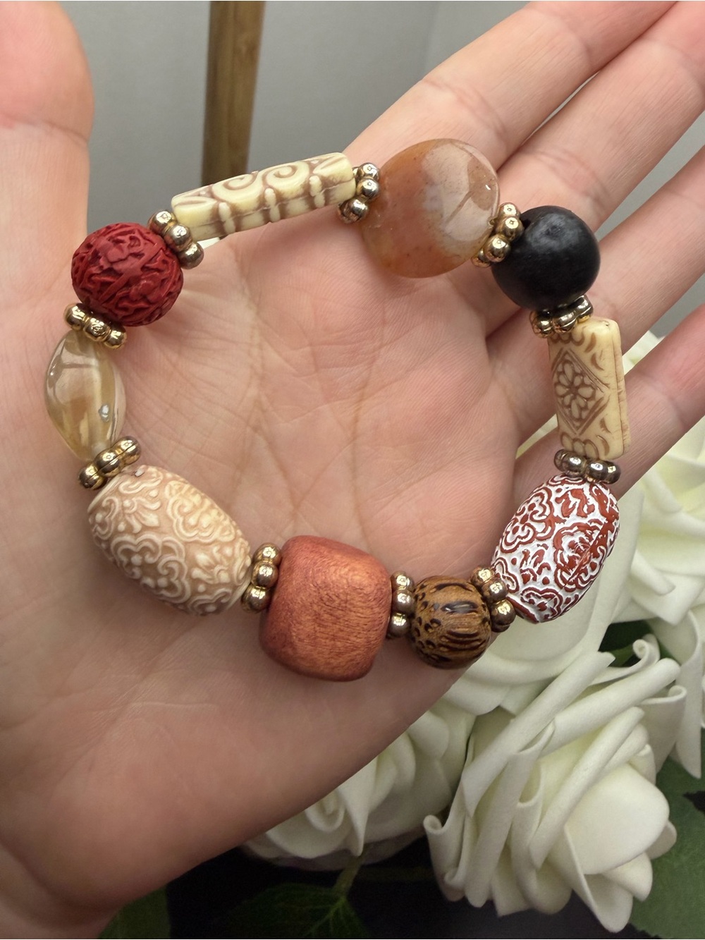 Handcrafted Multicolor Beaded Stretch Bracelet - Red & Earth Tones